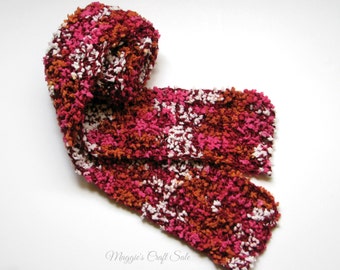 Crochet Woman Scarf, Textured Fuzzy Scarf, Soft Scarf, Long Scarf, Red Pink Orange Scarf, Fluffy Scarf, Neck warmer, Statement Piece