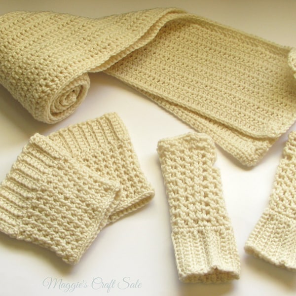 Crochet Crème Scarf Set, Fingerless Gloves, Cream Boot Cuffs, Hand Warmers, Crochet Scarf, Crochet Boot Cuffs, Crochet Fingerless Gloves