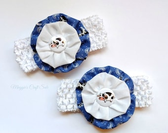 Farm Cow Headband, Baby and Kids Flower Headband, Farm animal Hair Accessory,White and Blue, Fabric Yoyo flower. Black and White Cow