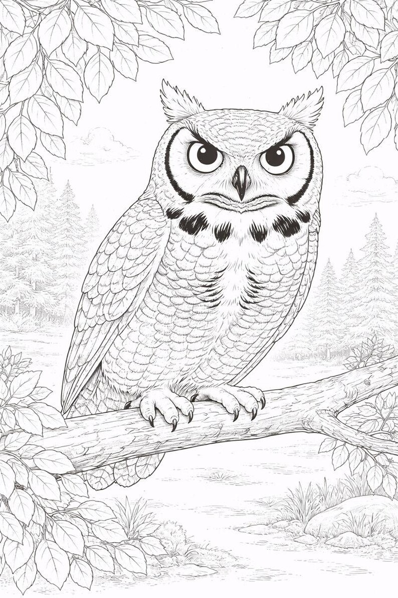 Peut inclure: Illustration en noir et blanc d'un grand-duc d'Am&eacute;rique perch&eacute; sur une branche. Le hibou a de grands yeux ronds et des touffes d'oreilles. L'arri&egrave;re-plan pr&eacute;sente une sc&egrave;ne de for&ecirc;t avec des arbres et du feuillage, parfaite pour colorier.