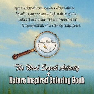 Peut inclure: Couverture de livre avec un ciel bleu en arri&egrave;re-plan, avec du texte sur les mots cach&eacute;s et le coloriage. Une loupe r&eacute;v&egrave;le le logo de l'&eacute;diteur. Le titre est "The Word Search Activity + Nature Inspired Coloring Book."