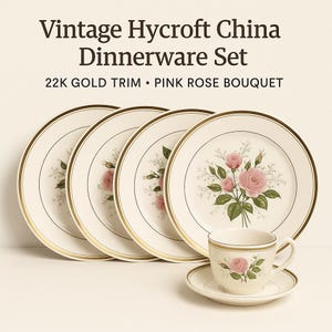 Vintage Hycroft China Dinnerware Set: Pink Rose Bouquet, 22K Gold Trim