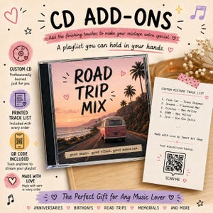 May include: A custom CD case titled Road Trip Mix featuring a pink van on a coastal road at sunset. Beside it is a track list card with five songs, a QR code for digital backup, and text including CD ADD-ONS and Made with Love by Sweet Art Shop.