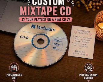May include: A silver Verbatim CD-R disc with 700MB, 52x, and 80min capacity labels. Next to it is a white card titled Custom Mixtape Track List with five songs listed, ending with Made with Love by Sweet Art Shop.