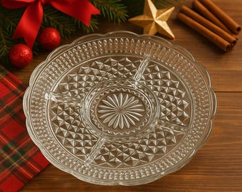 Vintage 1960s Pressed Glass Divided Relish Tray - Clear Starburst & Diamond Cut Pattern Kitchen Platter