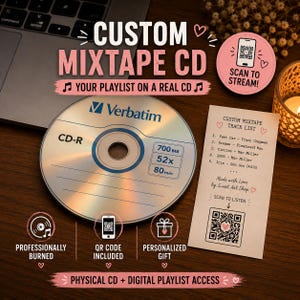 May include: A Verbatim CD-R disc with 700MB capacity, accompanied by a printed track list card featuring a QR code for streaming. The text reads Custom Mixtape CD, Your Playlist on a Real CD, Scan to Stream, and Made with Love by Sweet Art Shop.