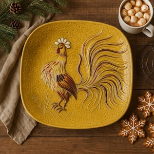May include: A yellow ceramic plate with a raised rooster design. The rooster is detailed with brown, red, and white accents. The plate has a square shape with rounded corners and a textured surface. The plate is on a wooden surface.