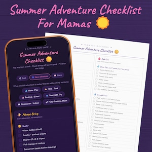 May include: A smartphone displaying a digital Summer Adventure Checklist app with purple interface and a printed paper version of the same checklist. The screen shows categories like Water Play, Hike, and Always Bring with checkboxes for items.
