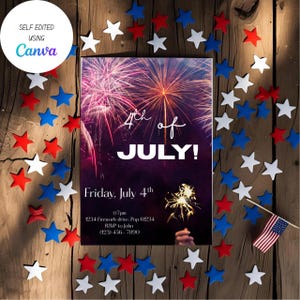 Fourth of July Invitation Template, Celebration of the 4th of July, Firework Themed Holiday Card, Evite, Self Edited