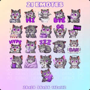 Könnte beinhalten: Eine Sammlung von 21 Katzen-Emotes in Grau- und Lilatönen, die verschiedene Ausdrücke und Posen zeigen. Texte wie "HI", "BYE" und "GG" sind enthalten. Der Text "21 EMOTES" steht oben, Größenangaben unten.