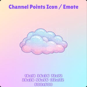 May include: A digital graphic of a cloud icon in shades of blue, pink, and white, with the text "Channel Points Icon / Emote" at the top. The image includes various size dimensions for the icon.