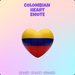 May include: A heart-shaped graphic in the colours of the Colombian flag: yellow, blue, and red. The text "COLOMBIAN HEART EMOTE" is in purple at the top. The image also includes the dimensions 28x28, 56x56, and 112x112.