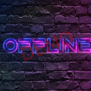 May include: Neon sign spelling "OFFLINE" in blue and pink, with a red heart symbol, against a dark brick wall. The sign glows brightly, creating a vibrant contrast against the textured background.