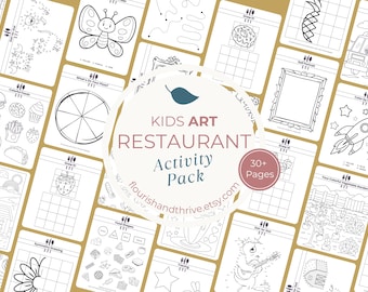 May include: A collection of printable kids' art and restaurant activity pages. The pages feature various black and white illustrations, including a butterfly, a donut, a rocket, and food items. The pack includes over 30 pages of activities.