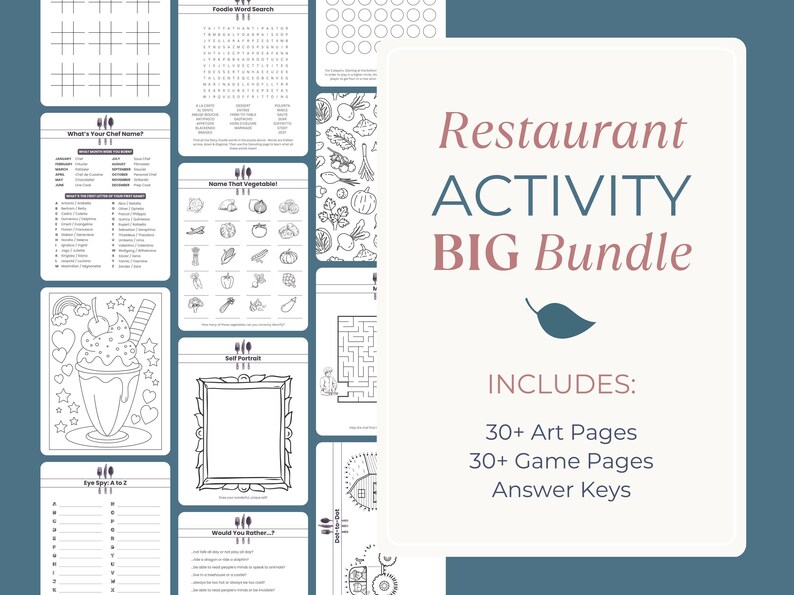Digital Download Printable Activities Restaurant Bundle Kids Entertainment Mealtime Games Family Dining Solution Travel Activities Kit Children Engagement Pages Coloring Sheets Drawing Prompts Busy Book Collection Instant Access PDF Format