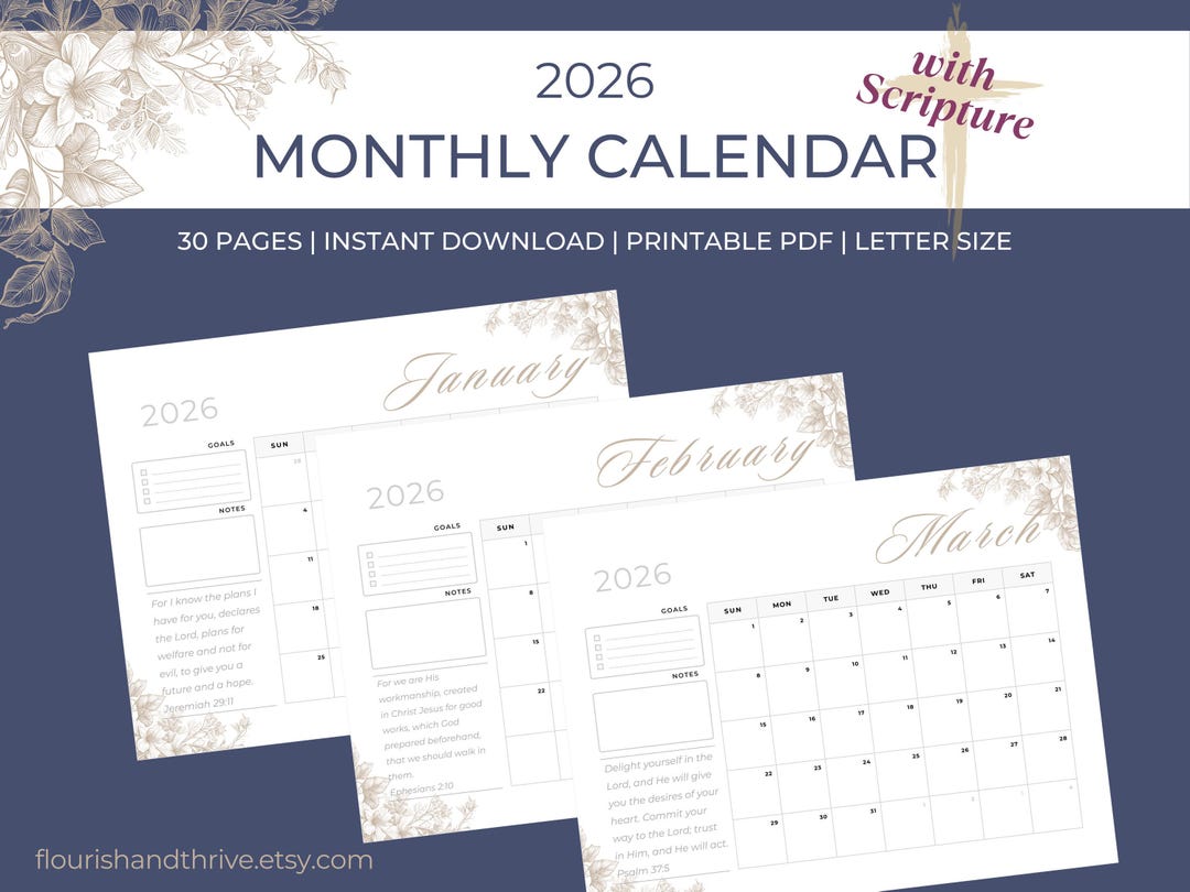 2026 Printable Scripture Calendar Floral Design Elegant Planner Monthly ...