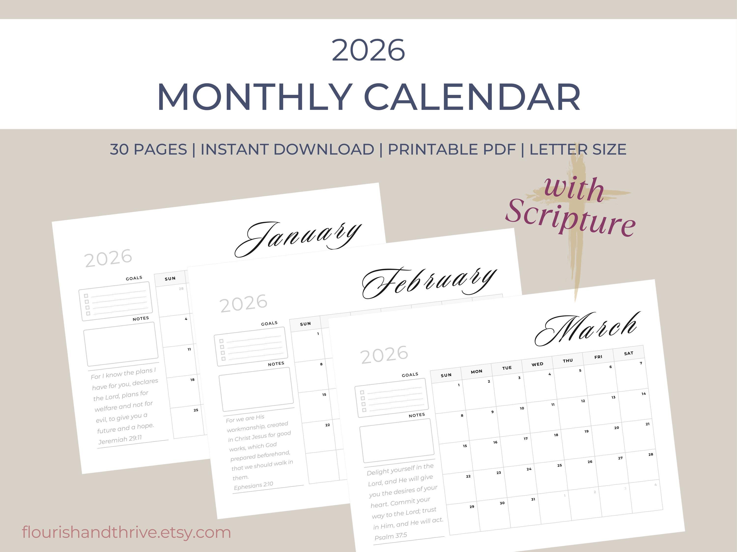 2026 Printable Scripture Calendar Minimalist Design Wall Planner ...