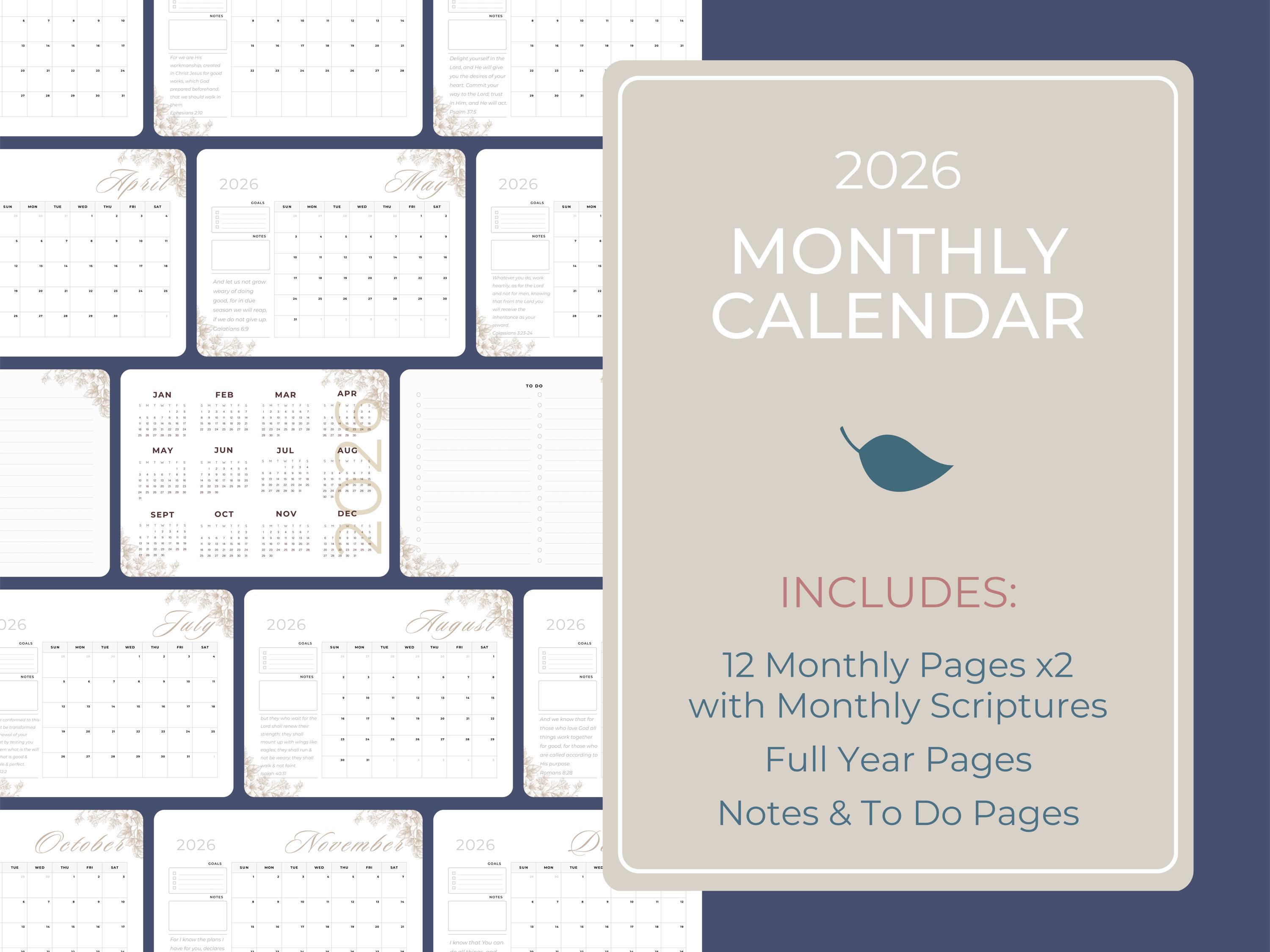 2026 Printable Scripture Calendar Floral Design Elegant Planner Monthly ...