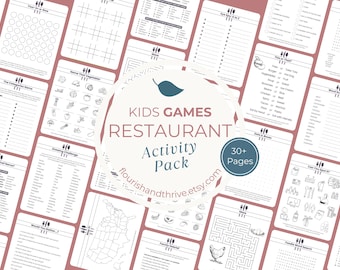 May include: A collection of printable kids' restaurant activity pages with games and puzzles. The pages are in black and white with a pink background. The center of the image has a circular logo that says "KIDS GAMES RESTAURANT Activity Pack".