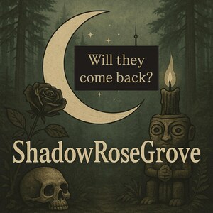 May include: An illustration with a dark, mystical theme. A crescent moon and a rose are featured, along with the text "Will they come back?" and "ShadowRoseGrove." A skull and a candle-topped statue are also present.