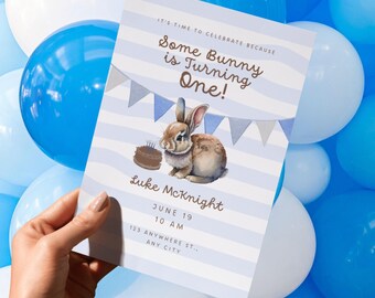 Blau Some Bunny 1st Geburtstagseinladung - Babyparty - Bearbeitbare Canva-Vorlage
