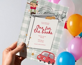 One for the Books Erste Geburtstagseinladung | Storybook-Theme, Canva-Vorlage (Digitaler Download)