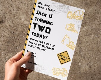 Toddler construction birthday party invitation - editable digital Canva template - construction trucks / zone / dirt