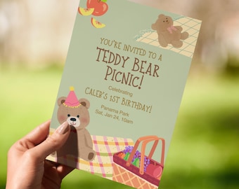 Teddy Bear Picnic baby/kid birthday party invitation - Editable digital Canva template