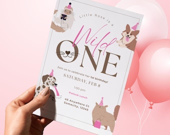 Pink Wild One, Cat and Dog First Birthday Party Editable Digital Canva Template