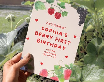 Berry 1st birthday party editable digital Canva template - strawberries raspberries blue berries black berries