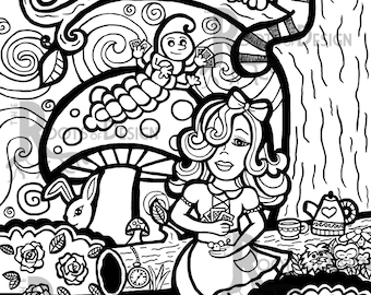 INSTANT DOWNLOAD Coloring Page -  Alice in Wonderland zentangle inspired, doodle art, printable