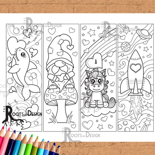 INSTANT DOWNLOAD Coloring Page - Valentine and Heart theme Color your own fun bookmarks, doodle art, printable, Coloring bookmarks