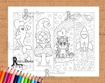 INSTANT DOWNLOAD Coloring Page - Valentine and Heart theme Color your own fun bookmarks, doodle art, printable, Coloring bookmarks