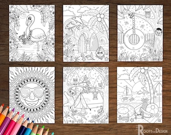 DESCARGA INSTANTÁNEA Dibujo para colorear - Summer Beach and Camping Coloring Pack, doodle art, imprimible