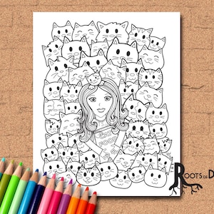 INSTANT DOWNLOAD Coloring Page -  Crazy Cat Lady, doodle art, printable
