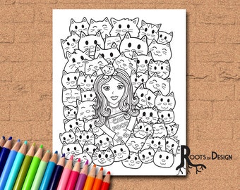 INSTANT DOWNLOAD Coloring Page -  Crazy Cat Lady, doodle art, printable