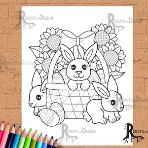 DOWNLOAD INSTANTÂNEO Página para colorir - Arte de doodle de coelhinhos da Páscoa fofos na cesta, para impressão