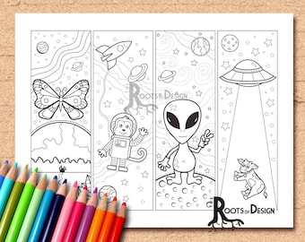 May include: Four black and white coloring book pages featuring space-themed illustrations. The pages include a butterfly, a monkey in a spacesuit, an alien, and a cow being abducted by a UFO.