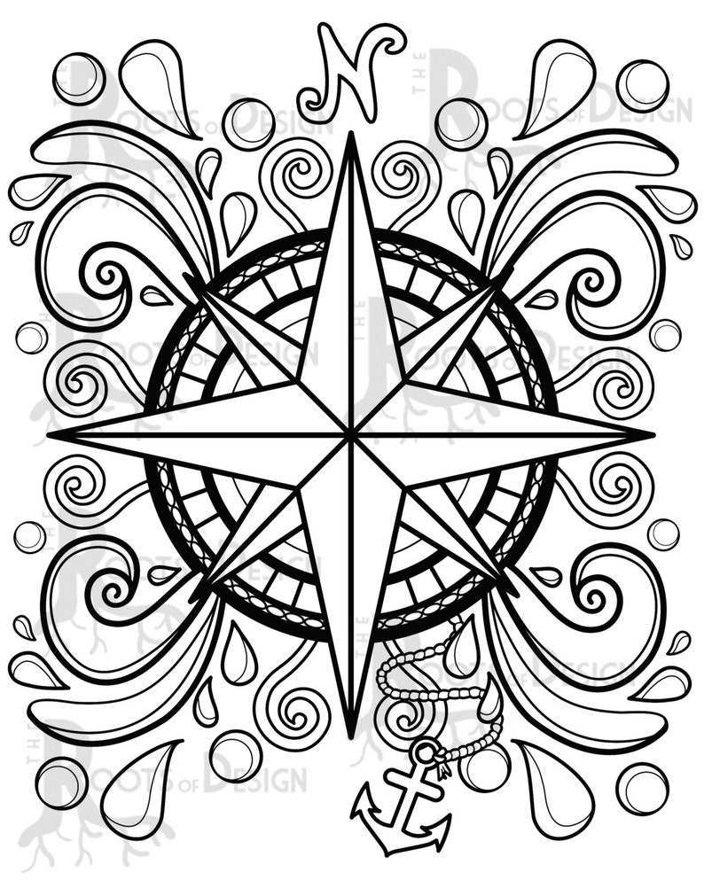 INSTANT DOWNLOAD Coloring Page Compass Design, doodle art, printable Design 8 image 2