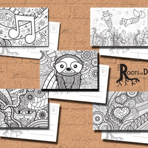 INSTANT DOWNLOAD Coloring Postkarte Seite - Bundle Color your own fun Postkarten, Doodle Kunst, ausdruckbar, Coloring Postkarten