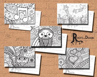 INSTANT DOWNLOAD Coloring Postkarte Seite - Bundle Color your own fun Postkarten, Doodle Kunst, ausdruckbar, Coloring Postkarten
