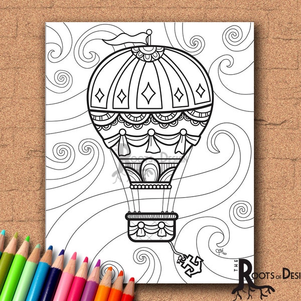 INSTANT DOWNLOAD Coloring Page - Hot Air Balloon Vintage / Steampunk Style Print zentangle inspired, doodle art, printable