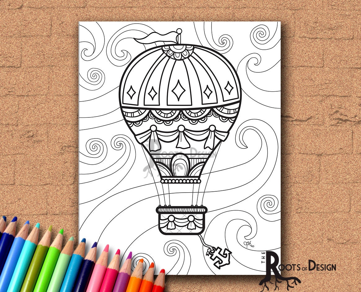 INSTANT DOWNLOAD Coloring Page - Hot Air Balloon Vintage / Steampunk Style Print zentangle inspired, doodle art, printable