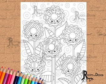 INSTANT DOWNLOAD Coloring Page - Donut Flowers Print, doodle art, printable