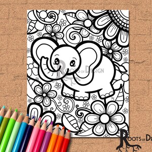 INSTANT DOWNLOAD Coloring Page - Baby Elephant Art Coloring Print, doodle art, printable