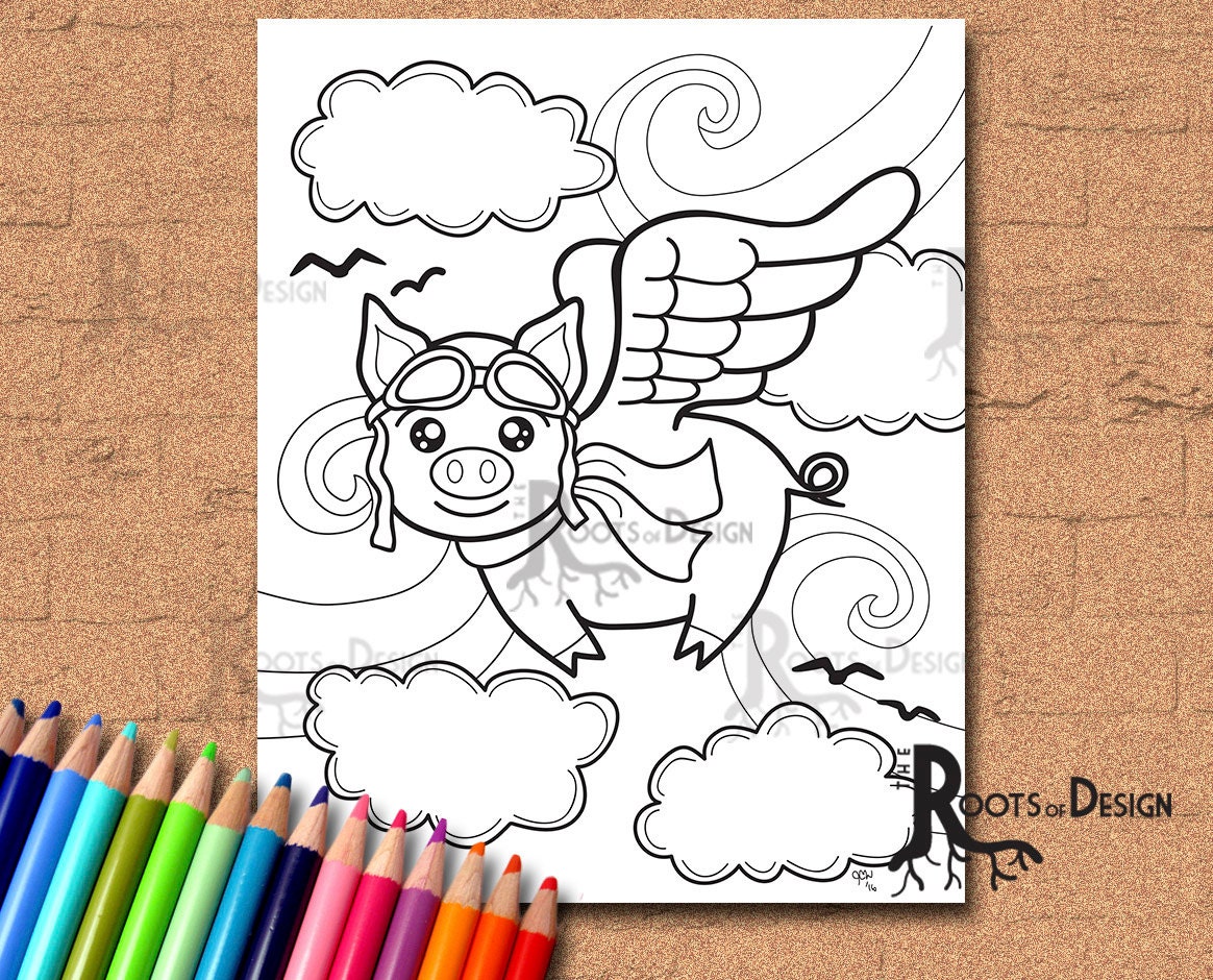 INSTANT DOWNLOAD Coloring Page Flying Pig Doodle Art Etsy