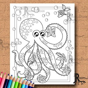 INSTANT DOWNLOAD COlORING PAGE- Octopus with Flowers Page Print, doodle art, printable
