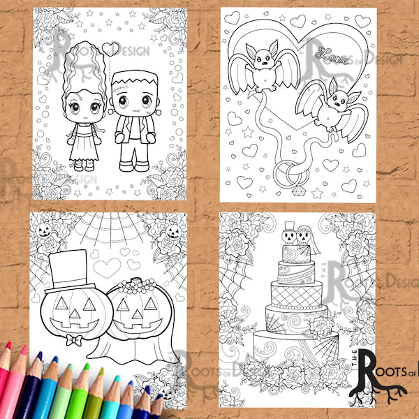 INSTANT DOWNLOAD Coloring Page - Halloween Wedding Coloring Pack, doodle art, printable