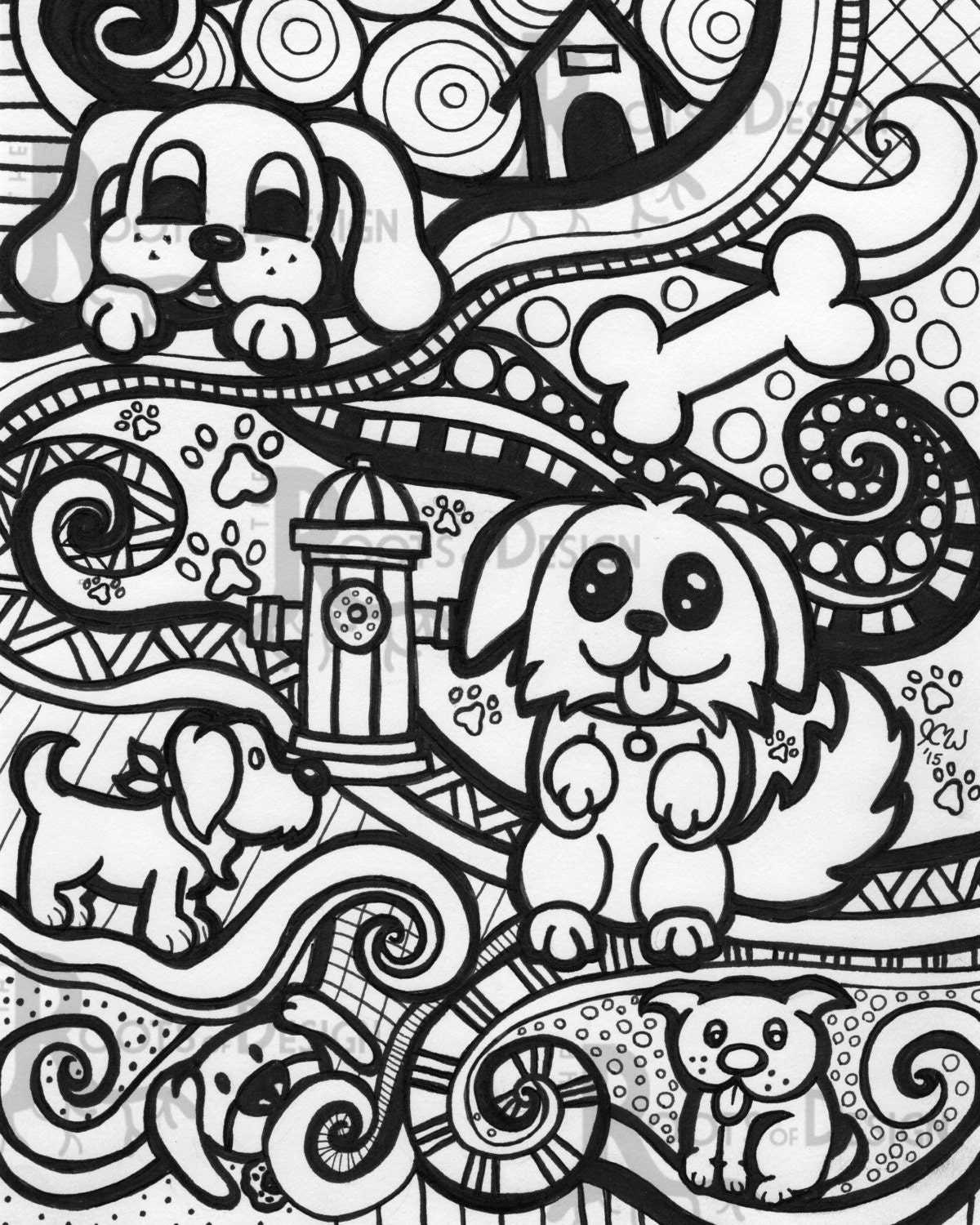 INSTANT DOWNLOAD Coloring Page Dog Art Print zentangle inspired doodle art printable