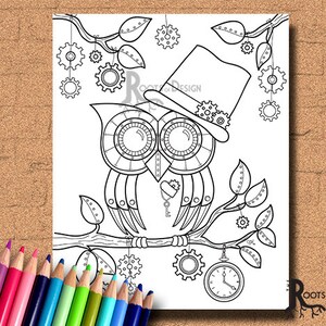 May include: A black and white line drawing of a steampunk owl wearing a top hat and perched on a branch with gears and leaves. The owl has large, round eyes and detailed wings.